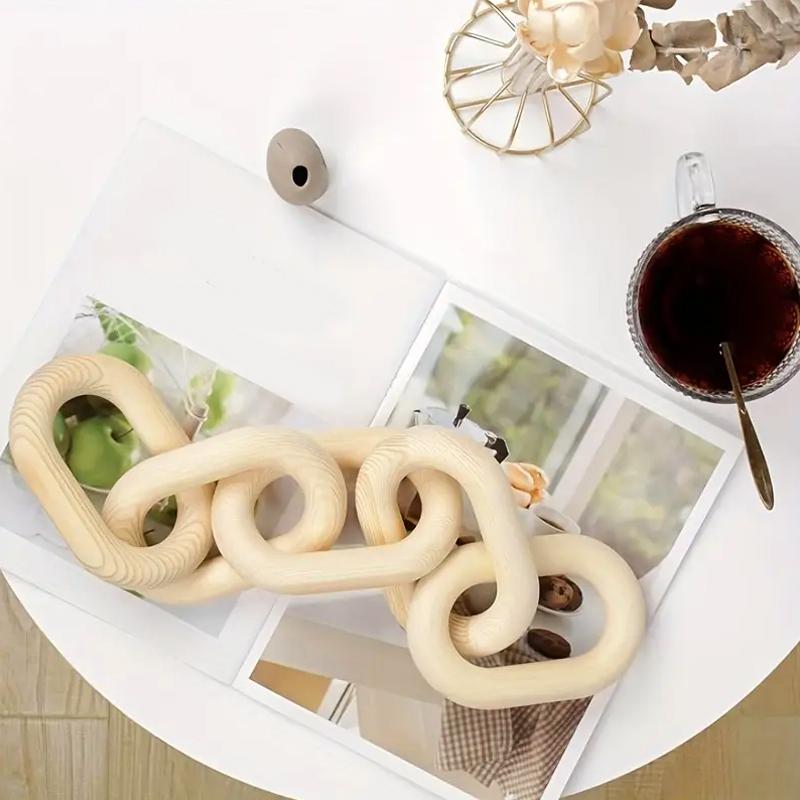 1PC Farmhouse Decorative Pendant Table Farmhouse Wooden Ornament 5-Link Chain Wooden Chain Decoration Hand Carved 33x8x2cm