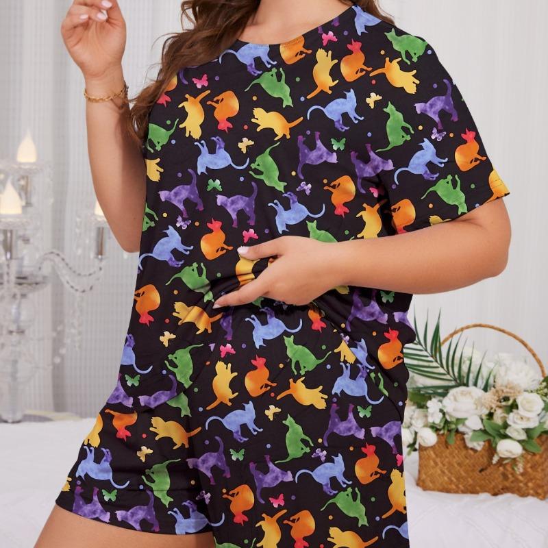 Women's Large Size Pajamas Summer Casual Loose Butterfly Short Sleeve Set