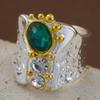 Vintage CopperColor Women's Ring, Paired with Green Color Inlaid Zircon Wide Face Ring, Holiday Party Accessory Jewelry
