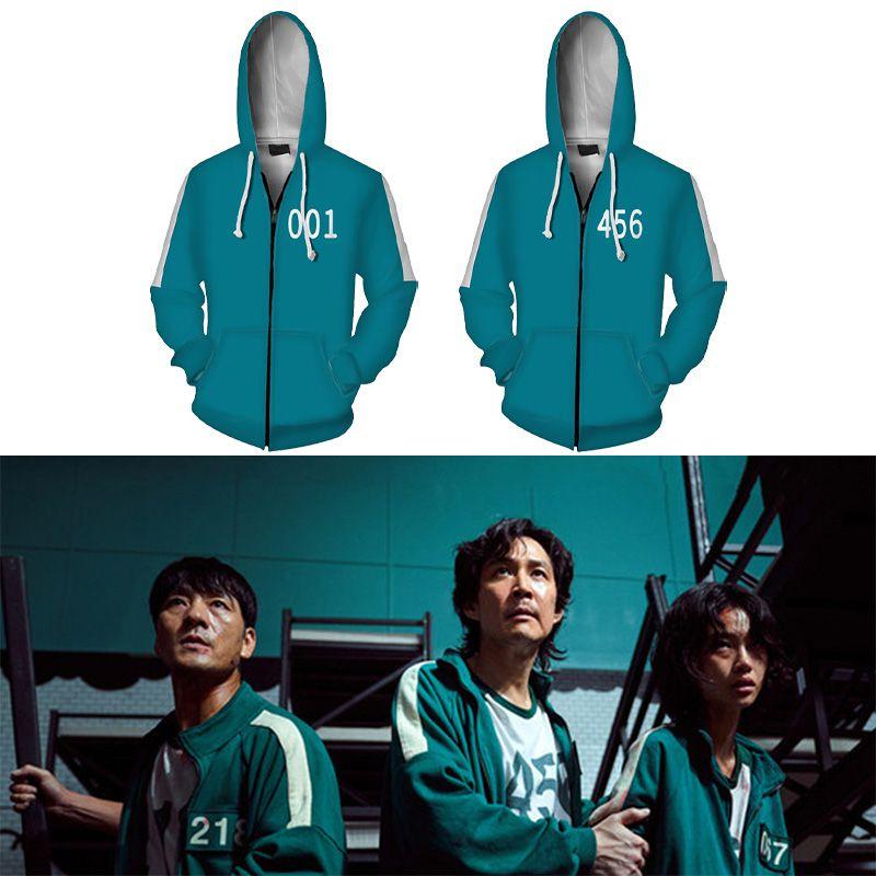 Роскошная зеленая куртка-худи на молнии Игра в кальмара 001 456 Вдохновленная Netflix верхняя одежда
