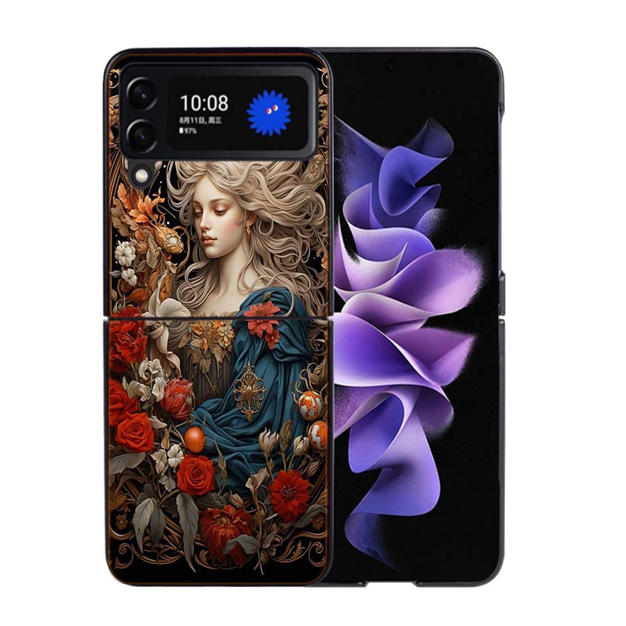 Exquisite Women's Loish Style Flowers Phone Case For Samsung Z Flip 7 6 5G Galaxy Z Flip4 Z Flip5 Z Flip3 Coque Black Hard PC Sh