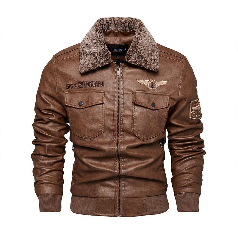 Men's Leather Jacket Men's Autumn and Winter Lapel Plus Velvet Trendy Large Size Motorcycle PU Leather Jacket Men's Clothing