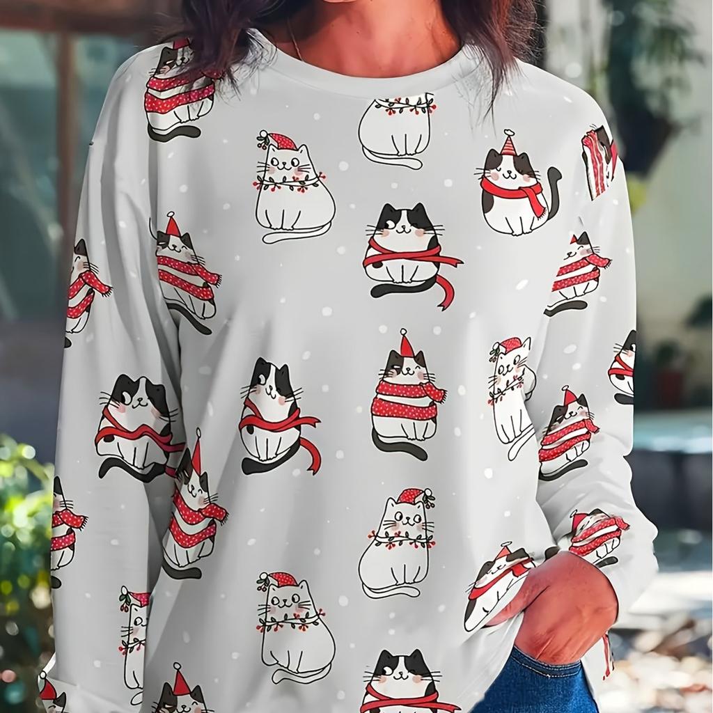Women Long Sleeve Tee Top Christmas Cute Cat Print Autumn Fashion Casual Round Neck Sweatshirt Women's Clothes