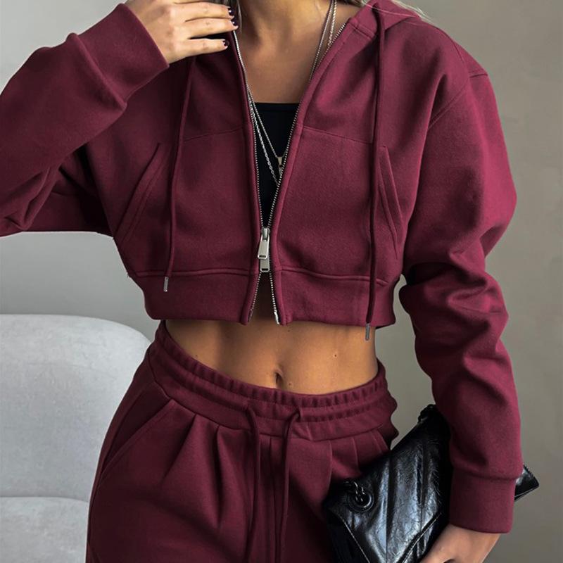 Women's Fall Casual 2-Piece Outfit Hooded Crop Jacket with Drawstring Sweatpants Solid Color Short Cardigan Set