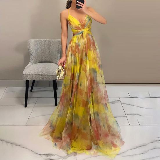 Women's Spaghetti Strap Maxi Dress Floral Boho Deep V-Neck Hollow Out Mesh Pleated Dress Summer Beach Party Swing Long Dress