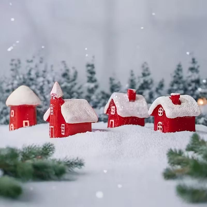 4Pcs Winter Village Snowy House Christmas Resin Miniature Red House Christmas Home Decoration Ornament New Year Party Cake Decor