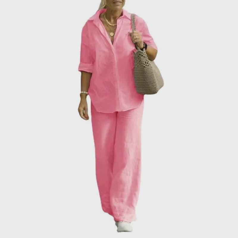2023 Women's Casual Two-Piece Suit: Lapel Long-Sleeve Shirt & Wide-Leg Pants for Spring & Autumn