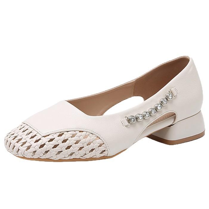 Туфли-лодочки на толстом каблуке 2025 новые полые дышащие квадратный мысок плетеные из мягкой кожи с юбкой туфли Мэри Джейн женские новые