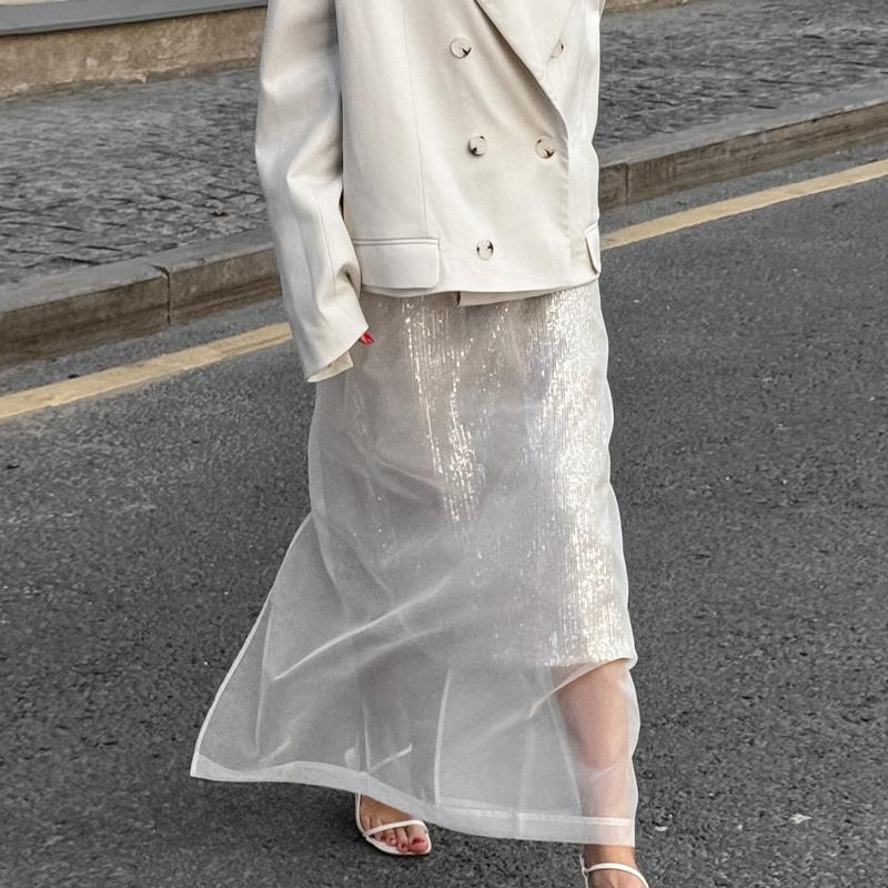 Сексуальная прозрачная сетчатая юбка женская белая с высокой талией и разрезом свободная длинная юбка осенняя уличная мода клубная вечеринка юбка женская