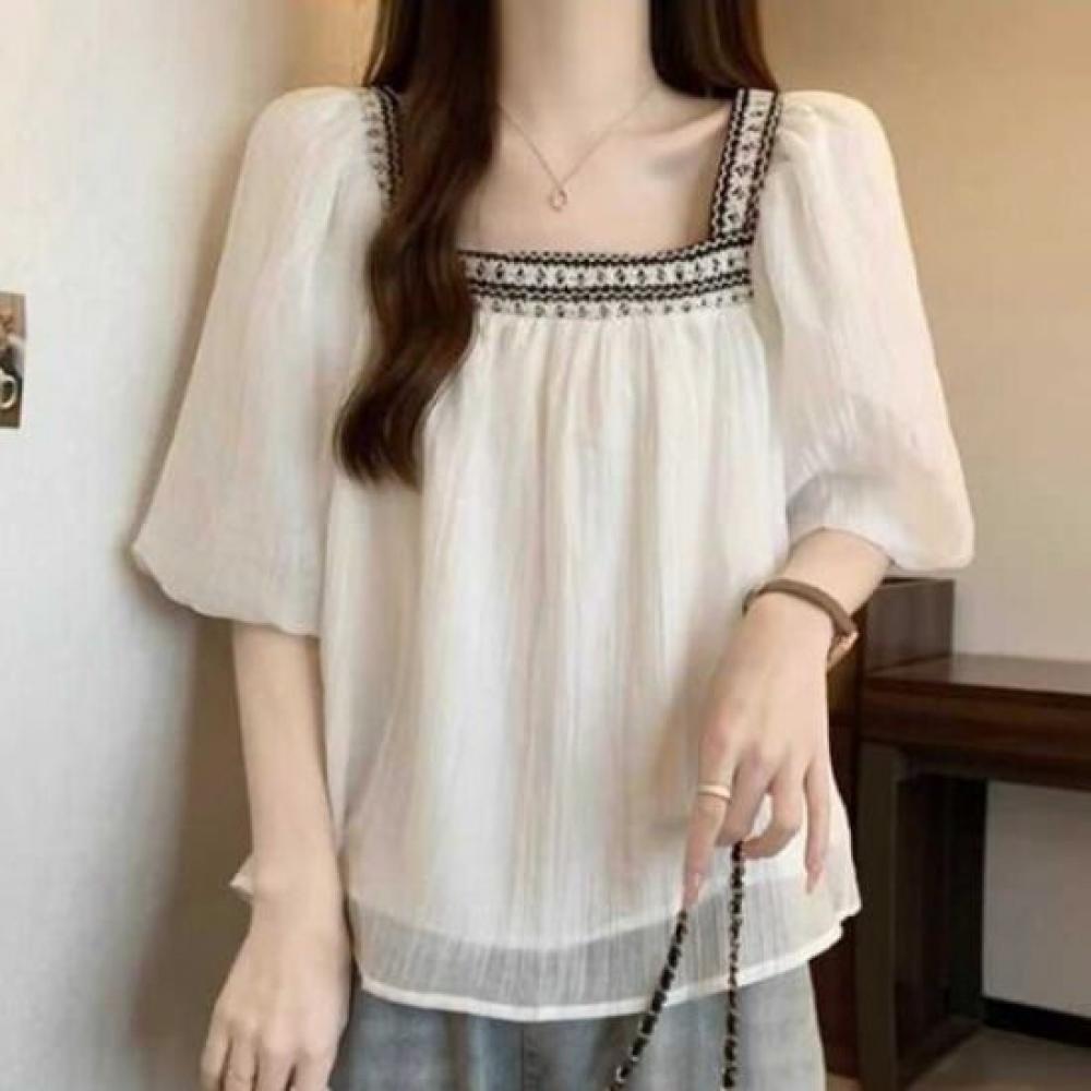 Navava Women Retro Square Neck Short Sleeve Blouse Nb2744