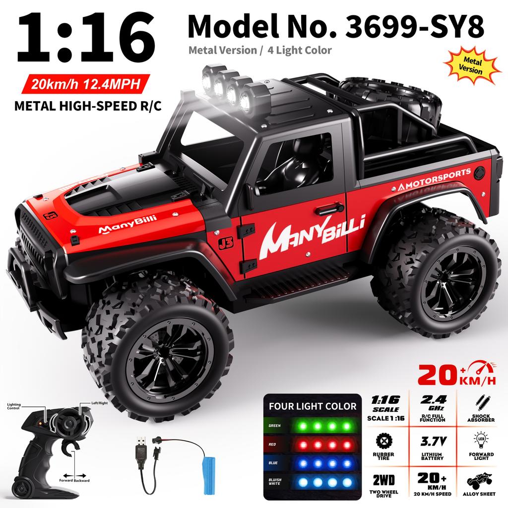 1:16 Scale Metal Remote Control Cars 2WD High-Speed RC Vehicle 20Km/H 2.4Ghz With Light RC Car For Kids Boys Gifts