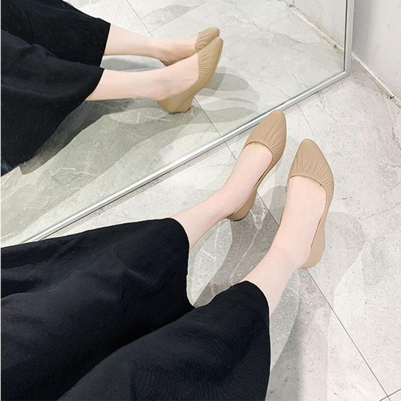 Весенние корейские босоножки с острым носком и матовой поверхностью, одинарные туфли с покатым каблуком, средний каблук, универсальные и модные нескользящие туфли