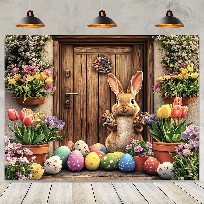 2D Easter Photo Booth Backdrop, Spring Flowers & Colorful Eggs with Bunny Photography Background