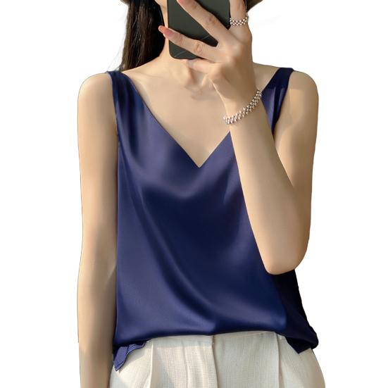Женский жилет с V-образным вырезом без рукавов, однотонные топы свободного кроя из гладкого атласа, универсальная повседневная одежда