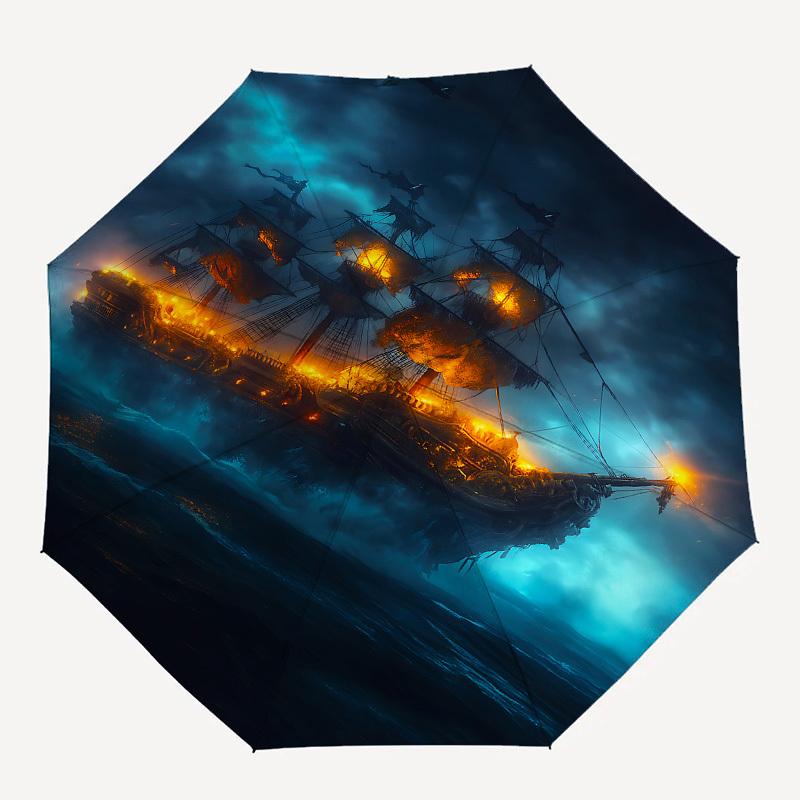 Pirate Ship, Stormy Sea Themed Automatic Opening and Closing Umbrella, Brightly Colored 8-rib Portable Umbrella, Suitable for Men and Women,