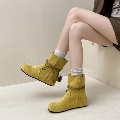 Дизайнерские ретро-стиль круглый носок шнуровка помпон плоская подошва короткие ботинки женские осенне-зимние модные тонкие на плоской подошве ботинки Мартин