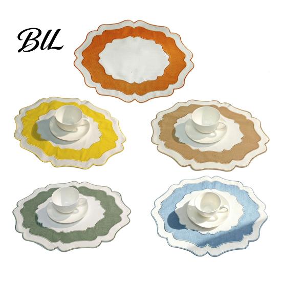 Washable Placemat Scalloped Linen Dining Table Mat Machine Wrinkle Colorful Free for Home Farmhouse Kitchen Restaurant Wavy Edge