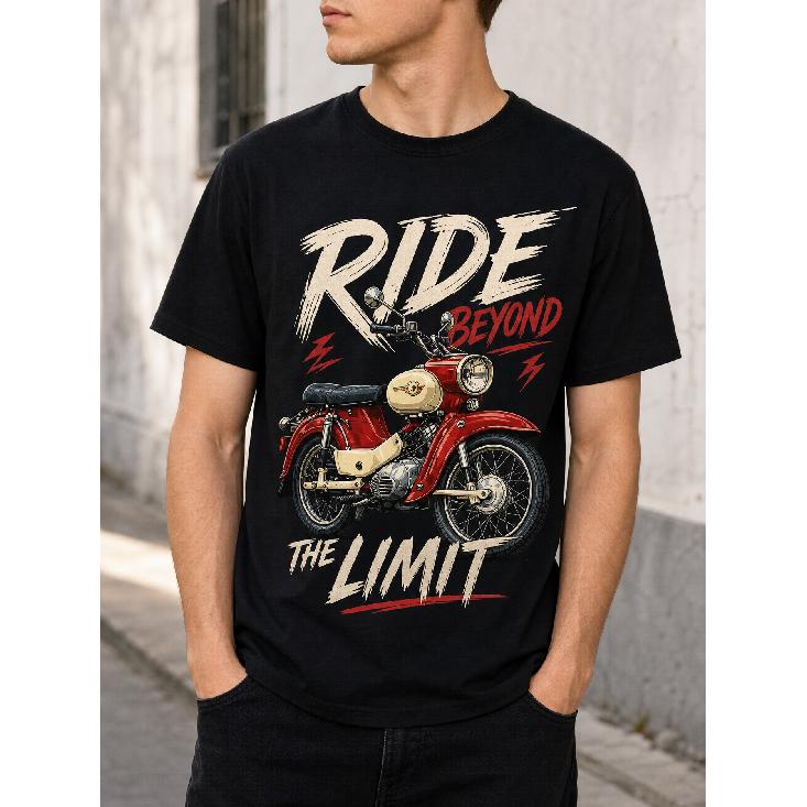Мужская винтажная футболка с мотоциклетным принтом и смелым слоганом 'Ride Beyond The Limit', мягкая смесовая хлопковая ткань, круглый вырез, короткие рукава, свободный крой для байкера