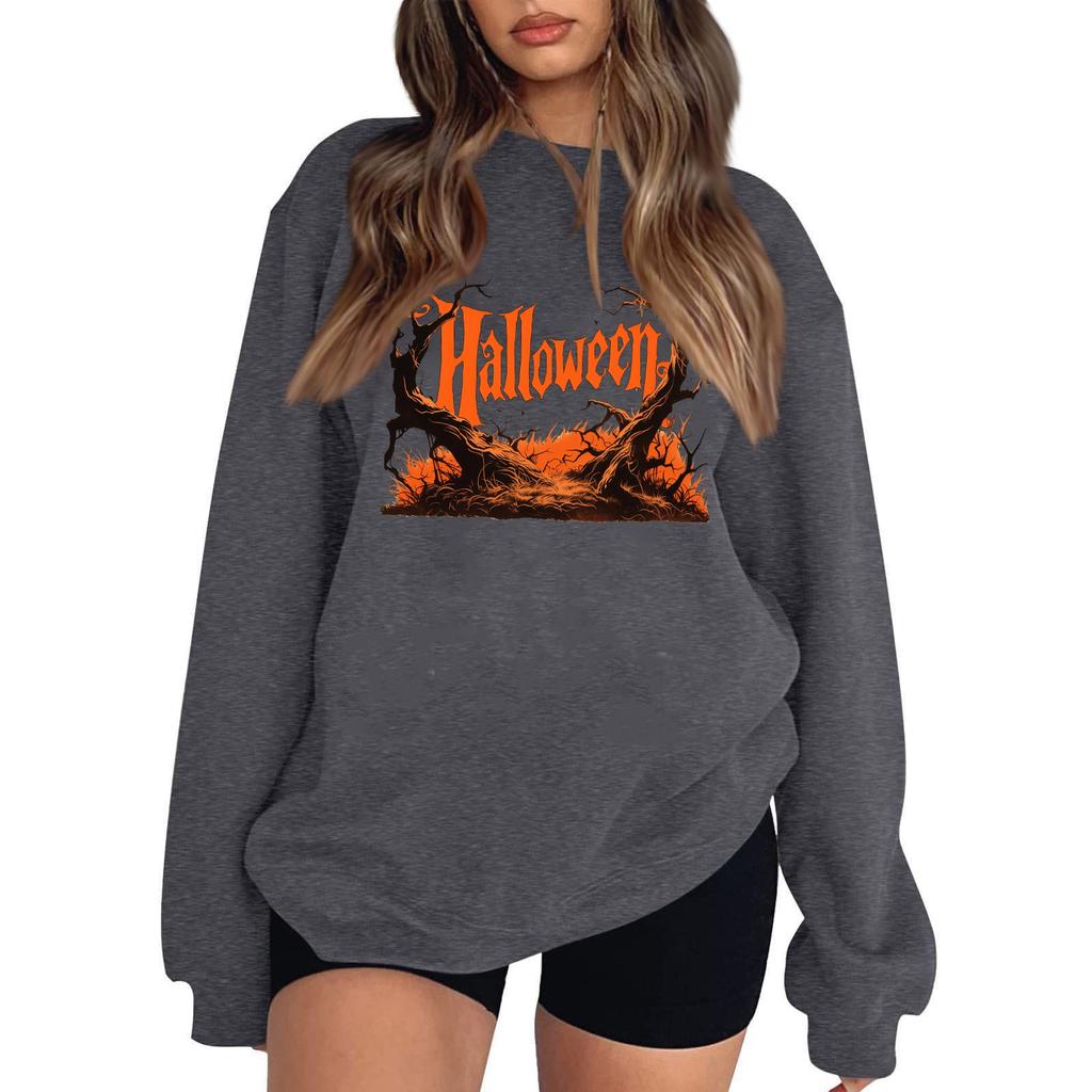 Women's Casual Round Neck Long Sleeved Pullover, Halloween Printed Top, Long Sleeved Hoodie