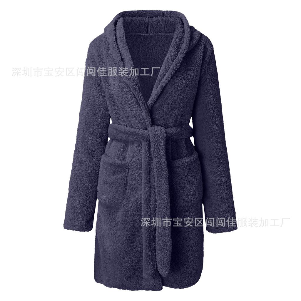 Winter Hooded Home Plush Pajamas Solid Color Warm Bathrobe Women