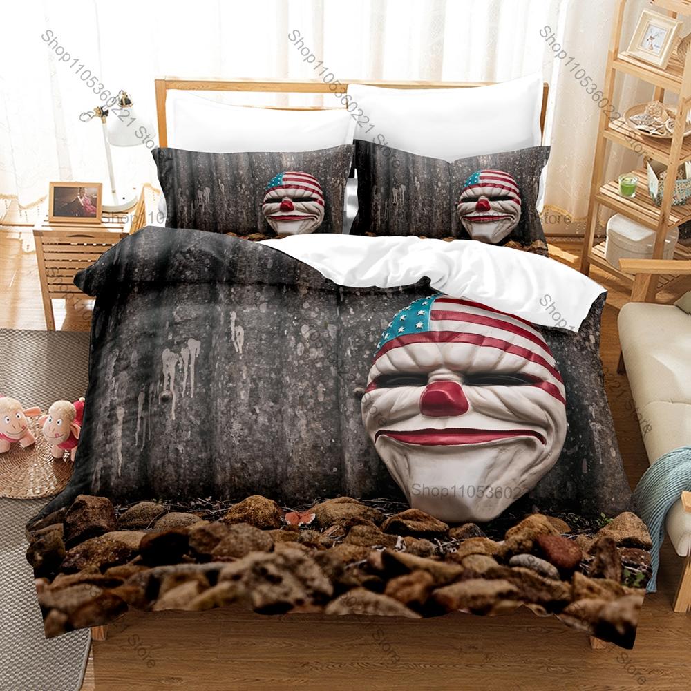 Payday 2 Clown Heist Mask Tactical Robbery First Shooter Game HD Print Bedding Set Duvet Cover + 2 Pillowcases Gamer