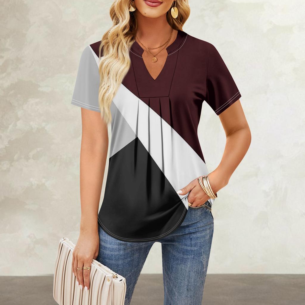 Women's Short Sleeve Casual V-neck Chest Pleated Printed Loose T-shirt Top