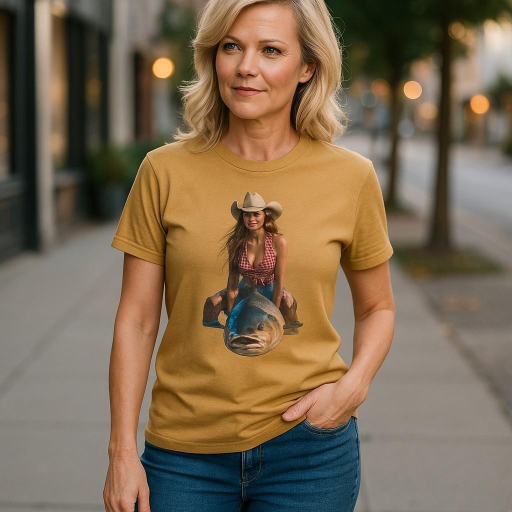 Cowgirl Riding A Fish Vintage Tee - Unisex Heavy Cotton Shirt, Western Style Tee