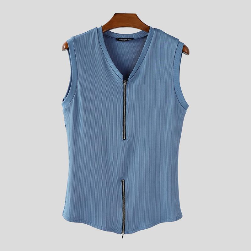 INCERUN Мужские майки без рукавов с V-образным вырезом, однотонные, на молнии, повседневные, в рубчик