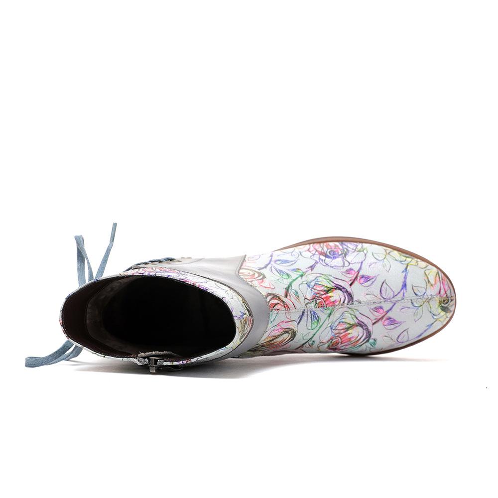 Johnature Genuine Leather Patchwork Printed Ankle Boots Women Shoes Ethnic Style Handmade Round Toe Short Boots