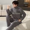 Style Men's Coral Fleece Pajamas Set Winter Warm Male Pijamas Young Boy Sleepwear Sleep Tops + Pant 2pcs/set