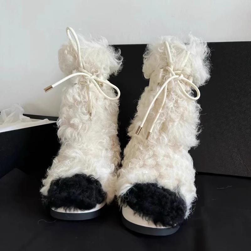 Winter Rabbit Fur Long Boots for Women Brand Design Luxury Warm Fluffy Fur Ski Boots Female Platform Lace-up Leather Boots