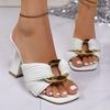Fashion Square Heel Slippers Summer New Square Toe Metal Buckle Cutout Breathable Non-slip Wear-resistant High Heels