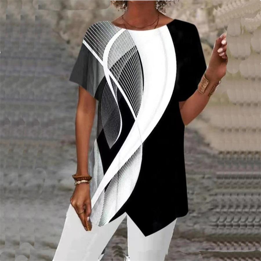 Women's Geometric Print Round Neck Loose Irregular Hem Short Sleeve T-Shirt