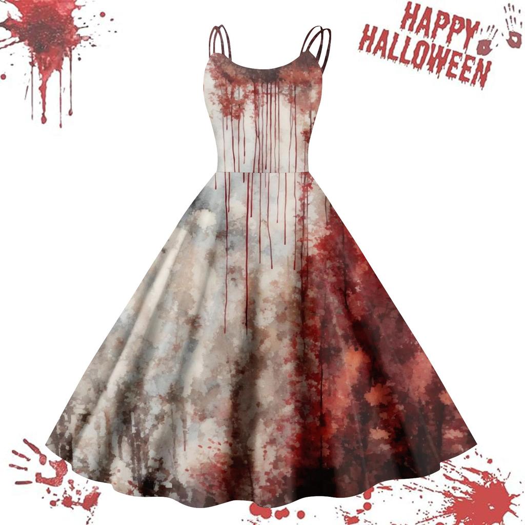 Women's Casual Halloween Printed Suspender Vintage Dress