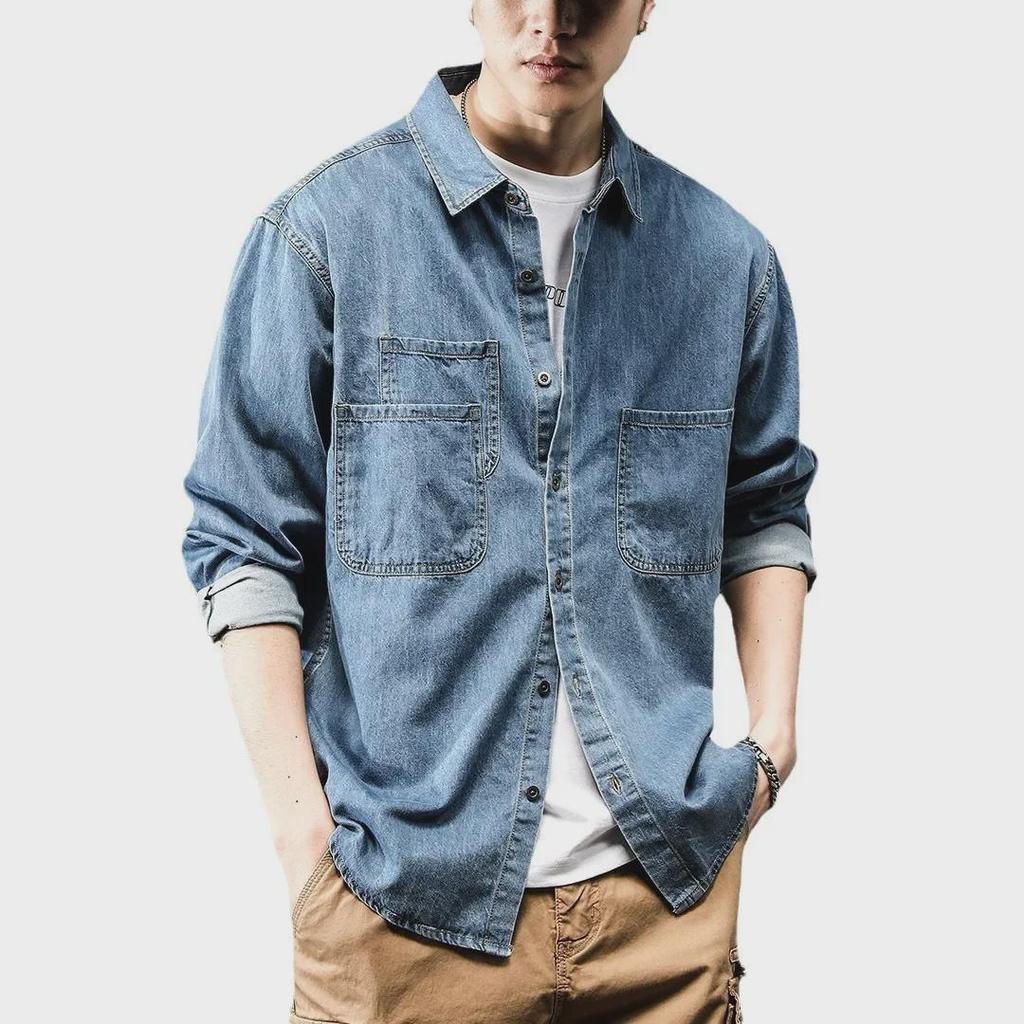 Мужская модная американская ретро-джинсовая рабочая куртка-рубашка с длинными рукавами