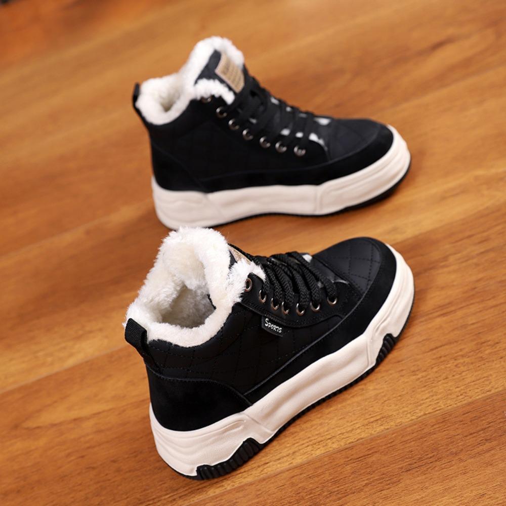 Женские высокие туфли с плюшевой теплой хлопковой подкладкой. Осенне-зимняя новая спортивная и досуговая обувь на платформе для женщин. Кроссовки.
