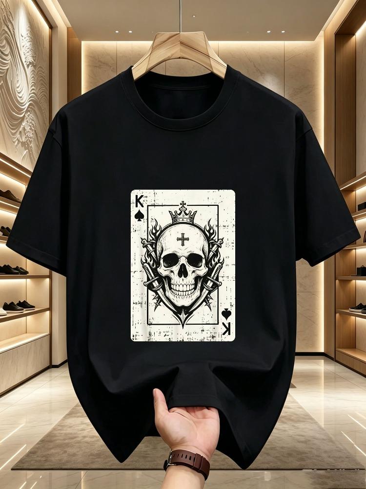 Unisexs Khaki Tee Retro Gothic Spade King Skull Sword Crown Card Graphic Crew Neck Short Sleeve Punk Loose Male Street Daily Top