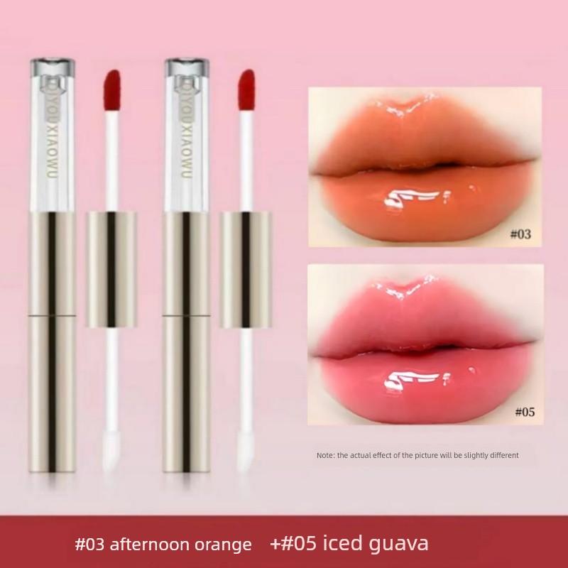 Qiyu Xiaohu Double-Ended Raincoat Mirror Lip Glaze, Non-Fading, Non-Stick, Moisturizing, Hydrating, Brightening, Water-Glossy Plump Lips