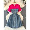 Spring and Autumn Fashion A- Line Denim Dress Fake Two-Piece