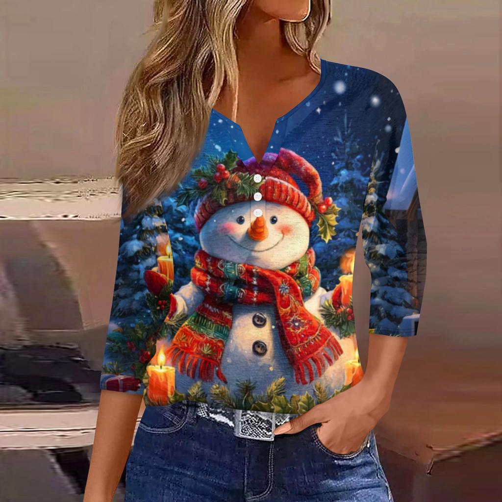 Women's Fashionable Casual Christmas Printed V-neck Three-quarter Sleeve Decorated Button Top