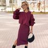 2 Pcs/Set Women Sweatshirt Dress Set Round Neck Long Bat Sleeve Loose Top Slim Fit Slit Hem Midi Dress Casual Commuting Outfit Thick Fall Winter