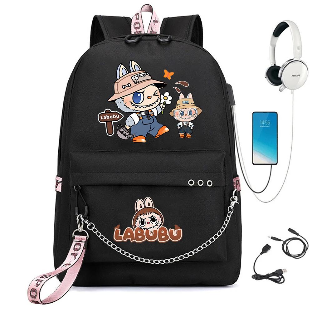Labubu Printed Student Bag Iron Chain Trend Backpack Usb Bag