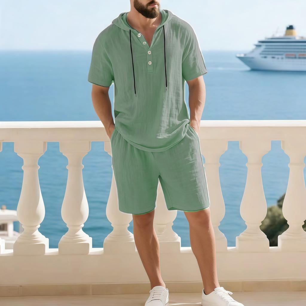 Men Solid Color Loose Hooded Short Sleeve Shorts Casual Two Piece Set