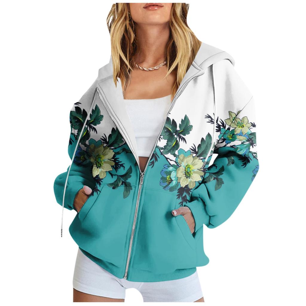 Women's Long Sleeve Floral Print Sweatshirt Long Sleeve Pocket Jacket Zipper Hoodie Coat