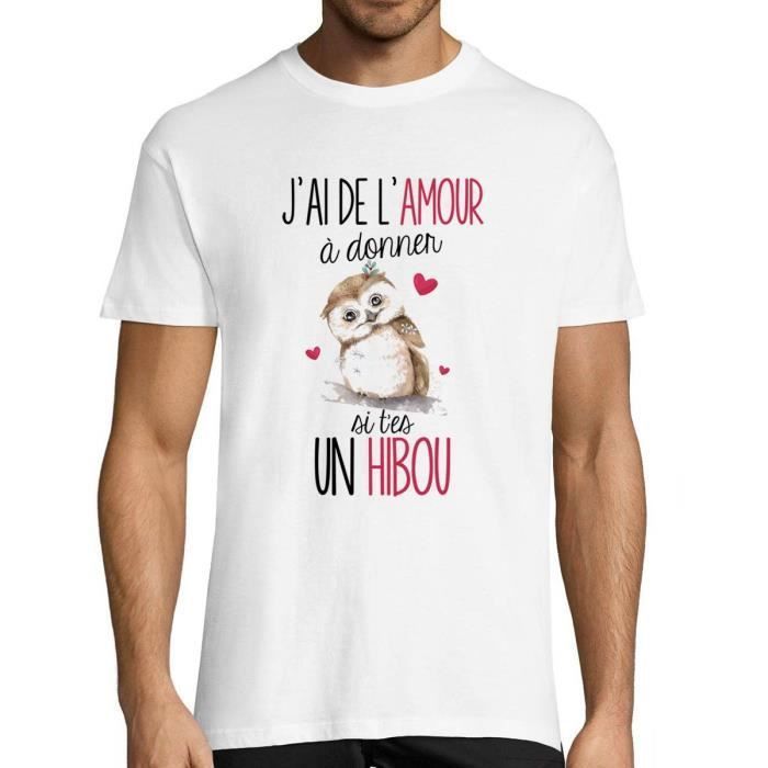 T-shirt Homme - Hibou - De l'Amour à Donner - Col Rond - Manches Courtes - Coton Blanc