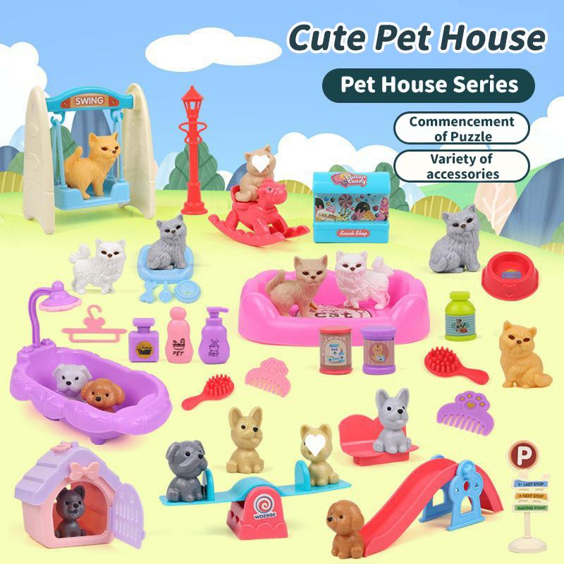 Cute Cat and Dog Pet Basket Family Toys Pretend To Play Toys Dog Doll Set Mini Animal Scene Toys Kids Player Toys
