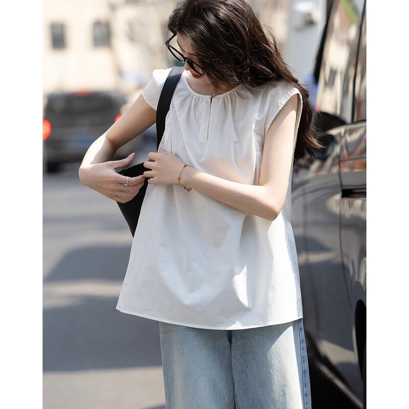 Women's Lightweight Cotton Poplin Split Neck Flutter Sleeve Blouse