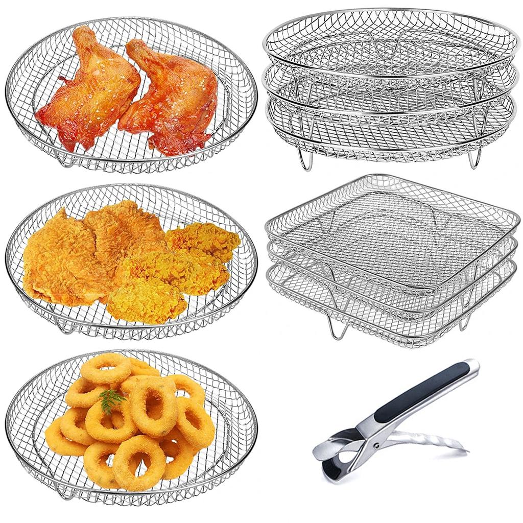 3-Layers Kitchen Air Fryers Rack Stainless Steel Oven Grilling Tray Shelf Square/Round Steamer Basket Home Cooking Accessories