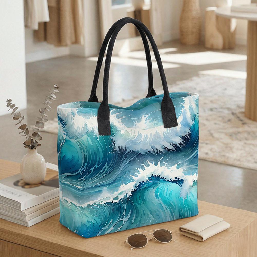 Watercolor Waves Print Large Capacity Casual Tote Bag for Daily Travel Shopping