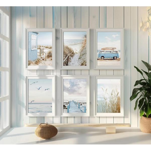 6Pcs Blue Coastal Beach Canvas Wall Art Summer Tropical Ocean Picture Wall Decor Nautical Surfboard Bus Posters Preppy Beach Painting Prints Artwork